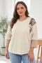 Camouflage Panel Twist Rib Sleeve Round Neck Loose Fit Blouse