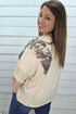 Camouflage Panel Twist Rib Sleeve Round Neck Loose Fit Blouse