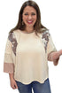 Camouflage Panel Twist Rib Sleeve Round Neck Loose Fit Blouse