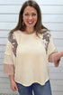 Camouflage Panel Twist Rib Sleeve Round Neck Loose Fit Blouse