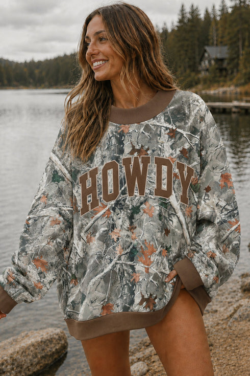 Camouflage Print Baggy Silhouette Western Inspired Pullover Sweatshirt