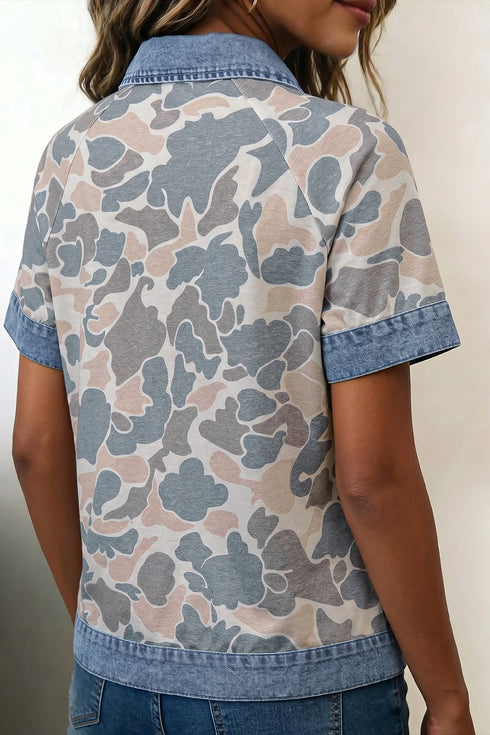 Camouflage Print Denim Patchwork Polo Collar Tee