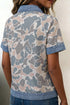 Camouflage Print Denim Patchwork Polo Collar Tee