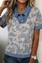 Camouflage Print Denim Patchwork Polo Collar Tee