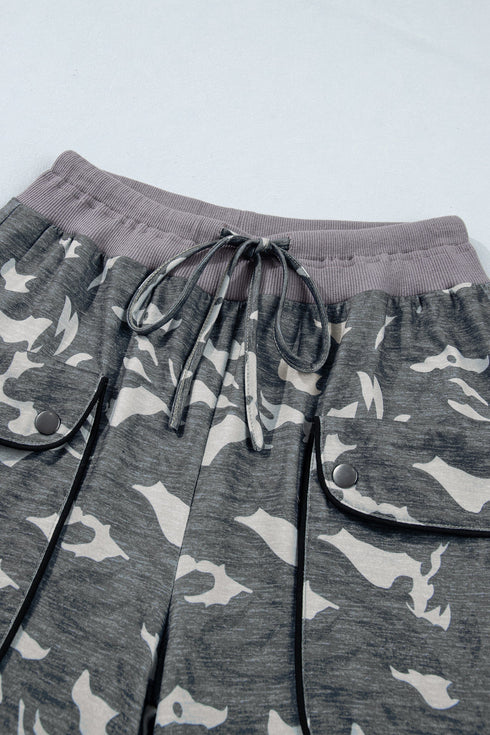 Camouflage Print Drawstring Waist Cargo Barrel Pants