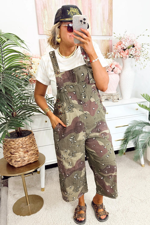Camouflage Print Leopard Detail Loose Denim Overall Jumpsuit