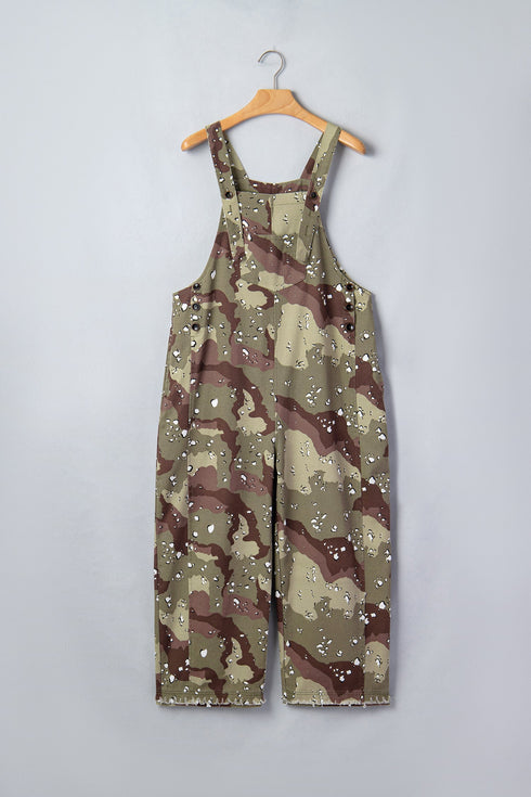 Camouflage Print Leopard Detail Loose Denim Overall Jumpsuit