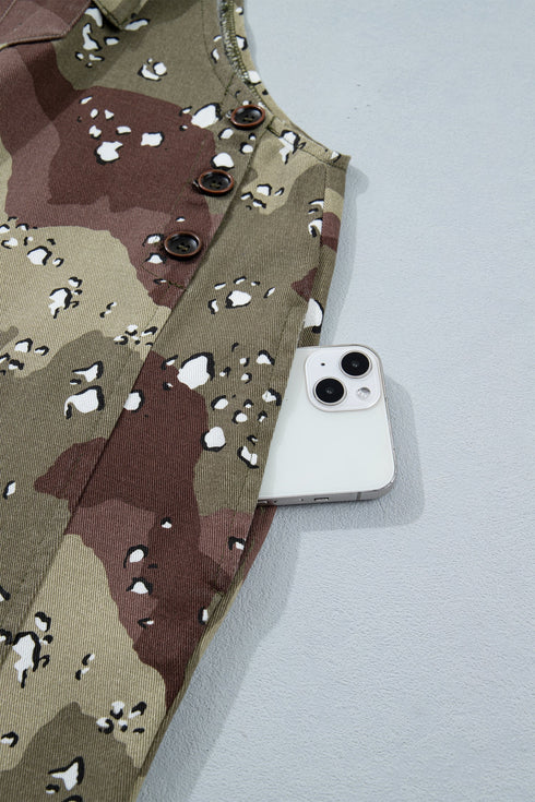 Camouflage Print Leopard Detail Loose Denim Overall Jumpsuit