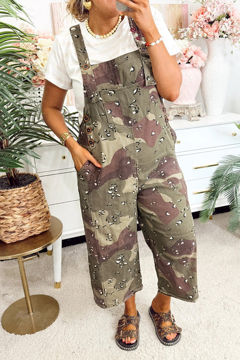 Camouflage Print Leopard Detail Loose Denim Overall Jumpsuit