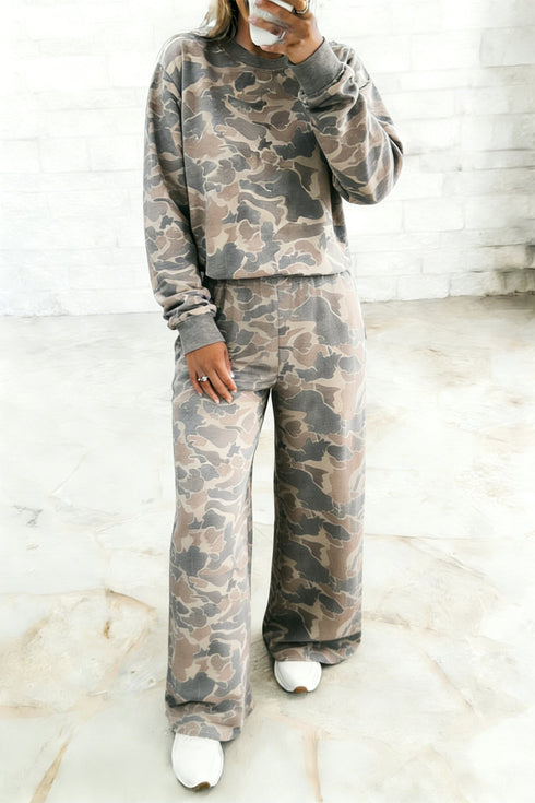 Camouflage Print Long Sleeve Wide Leg Two Piece Pant Set