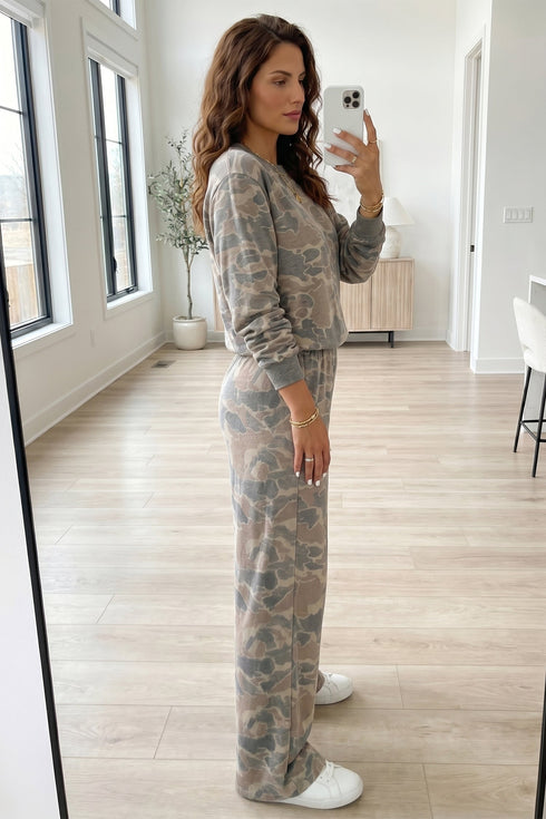 Camouflage Print Long Sleeve Wide Leg Two Piece Pant Set