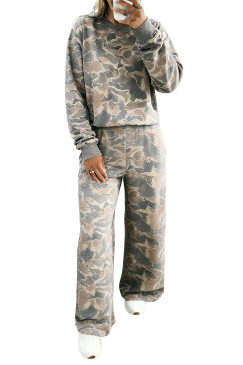 Camouflage Print Long Sleeve Wide Leg Two Piece Pant Set