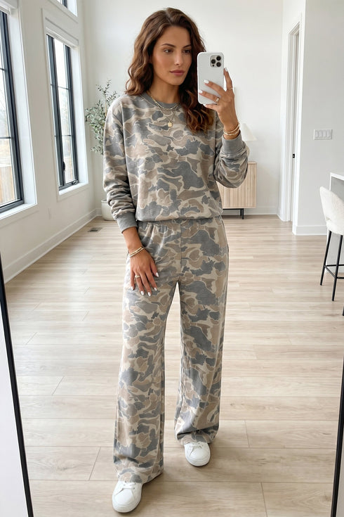 Camouflage Print Long Sleeve Wide Leg Two Piece Pant Set