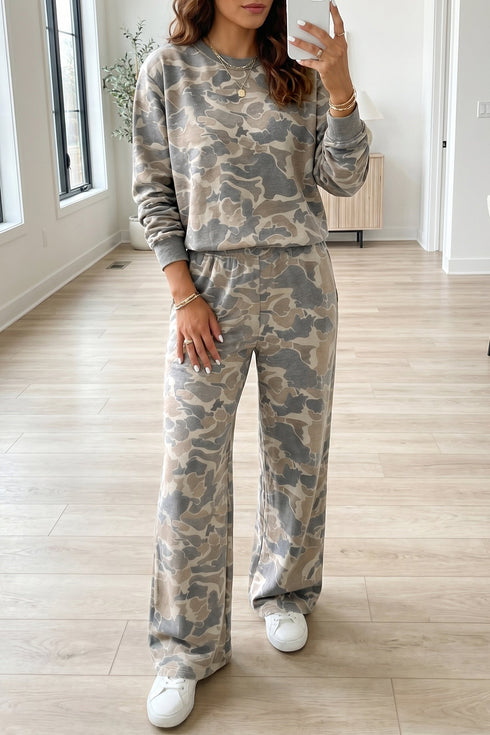Camouflage Print Long Sleeve Wide Leg Two Piece Pant Set