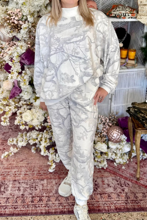 Camouflage Print Mock Neck Long Sleeve Loungewear Set