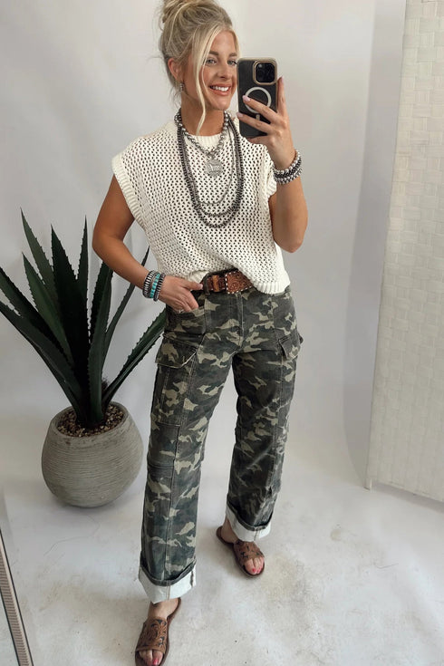 Camouflage Print Multi Pocket Western Denim Pants