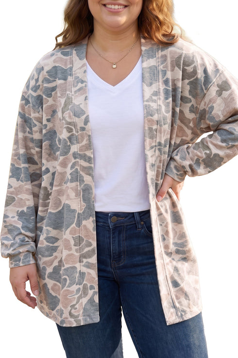 Camouflage Print Open Tunic Retro Inspired Layering Outerwear
