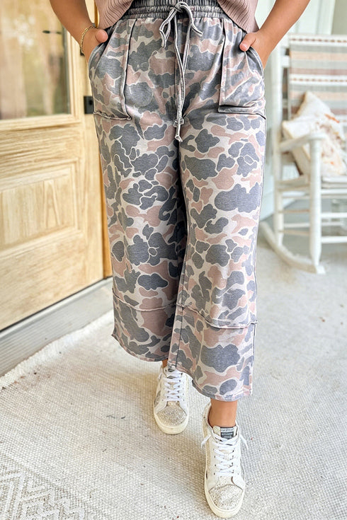 Camouflage Print Patch Pockets Ankle Length Pants