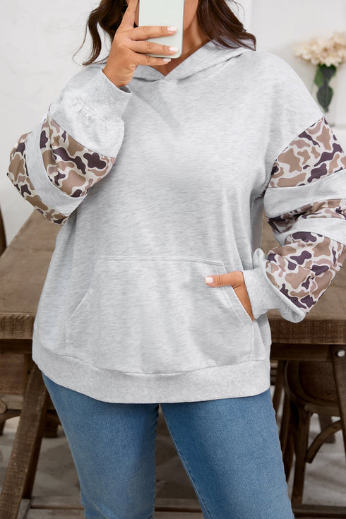 Camouflage Print Patchwork Asymmetric Sleeve Pullover Hoodie