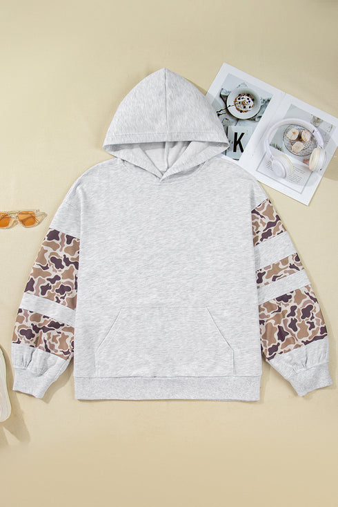 Camouflage Print Patchwork Asymmetric Sleeve Pullover Hoodie