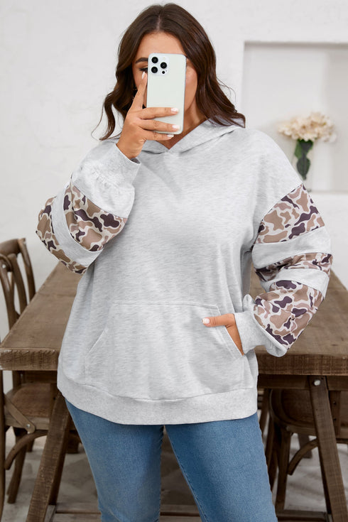 Camouflage Print Patchwork Asymmetric Sleeve Pullover Hoodie