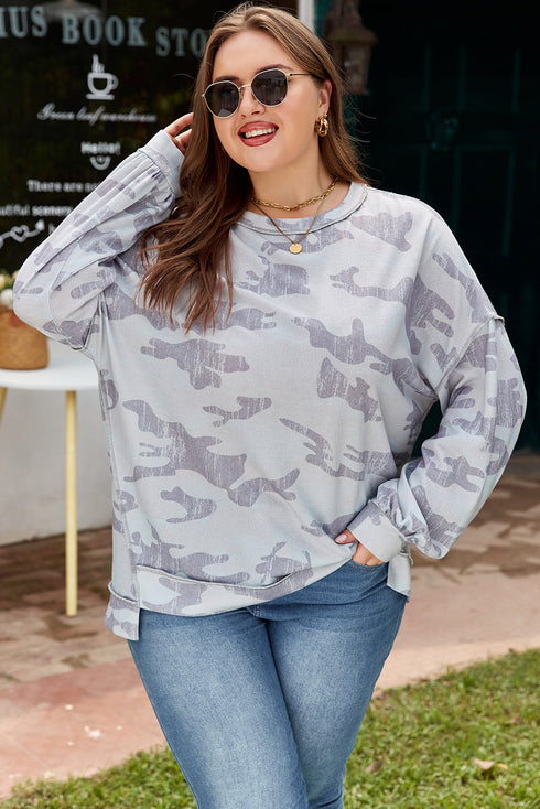 Camouflage Print Round Neck Long Sleeve Sweatshirt