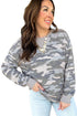 Camouflage Print Round Neck Shift Pullover Long Sleeve Top