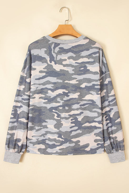 Camouflage Print Round Neck Shift Pullover Long Sleeve Top