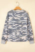 Camouflage Print Round Neck Shift Pullover Long Sleeve Top