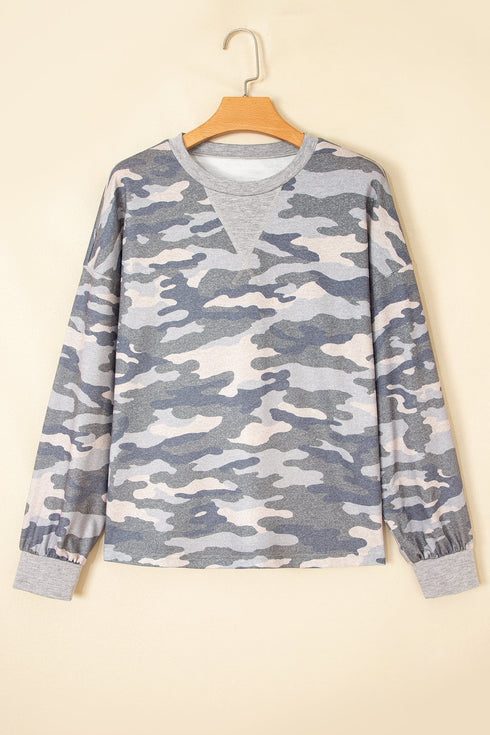 Camouflage Print Round Neck Shift Pullover Long Sleeve Top