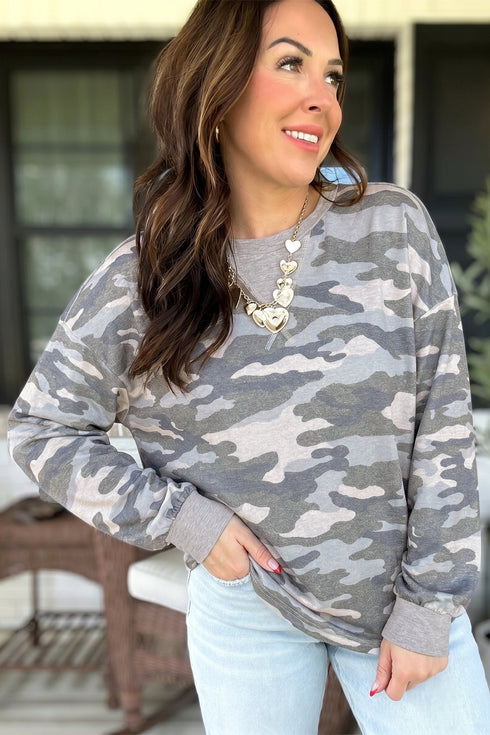 Camouflage Print Round Neck Shift Pullover Long Sleeve Top