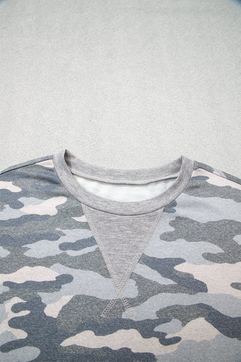 Camouflage Print Round Neck Shift Pullover Long Sleeve Top