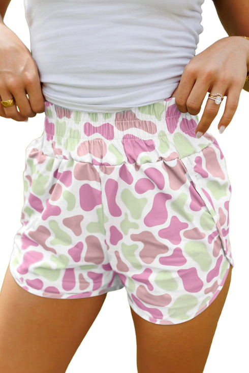 Camouflage Print Shirred High Waist Athleisure Casual Shorts
