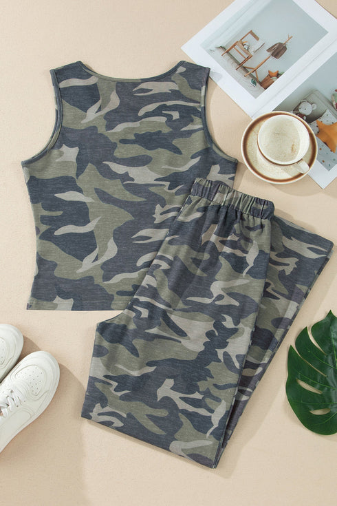 Camouflage Print Slim Tank Drawstring Western Pant Set