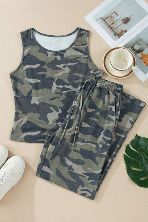 Camouflage Print Slim Tank Drawstring Western Pant Set