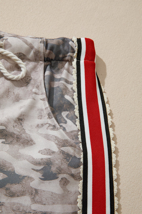 Camouflage Print Striped Side Panel Patchwork Drawstring Pants