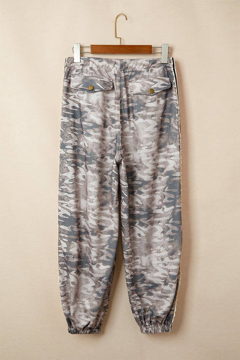 Camouflage Print Striped Side Panel Patchwork Drawstring Pants