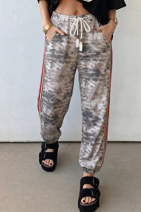 Camouflage Print Striped Side Panel Patchwork Drawstring Pants