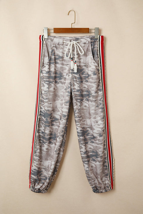 Camouflage Print Striped Side Panel Patchwork Drawstring Pants