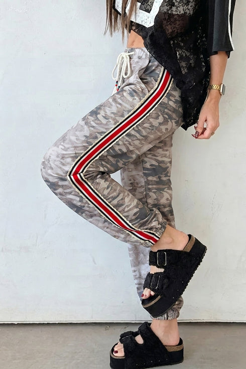 Camouflage Print Striped Side Panel Patchwork Drawstring Pants