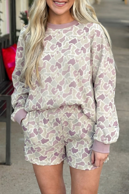 Camouflage Print Waffle Knit Long Sleeve Short Set