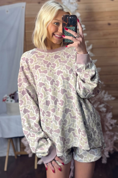 Camouflage Print Waffle Knit Long Sleeve Short Set
