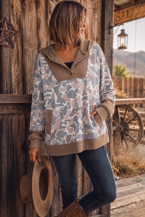 Camouflage Print Waffled Patchwork Loose Pullover Hoodie