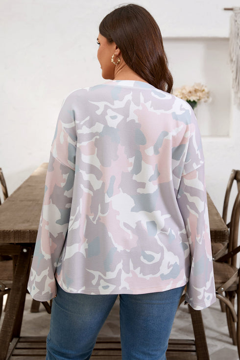 Camouflage Print Western Drop Shoulder Long Sleeve Top