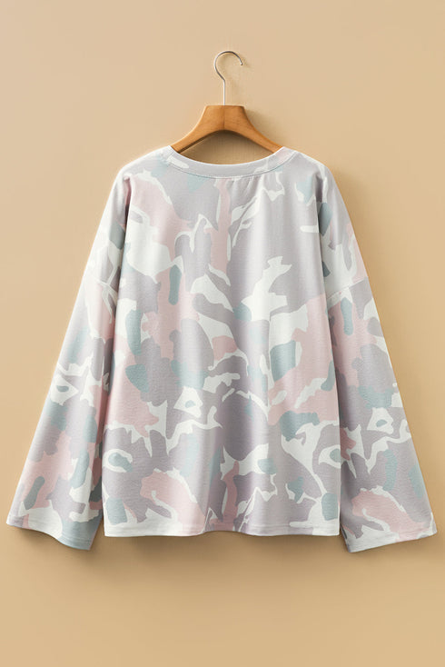 Camouflage Print Western Drop Shoulder Long Sleeve Top