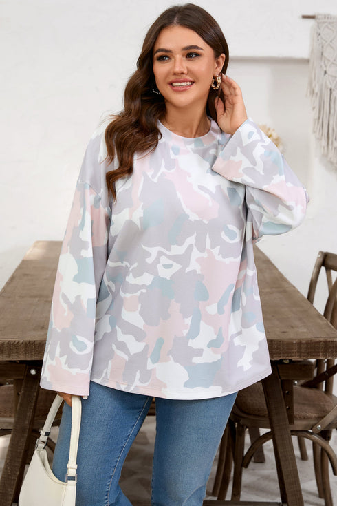 Camouflage Print Western Drop Shoulder Long Sleeve Top