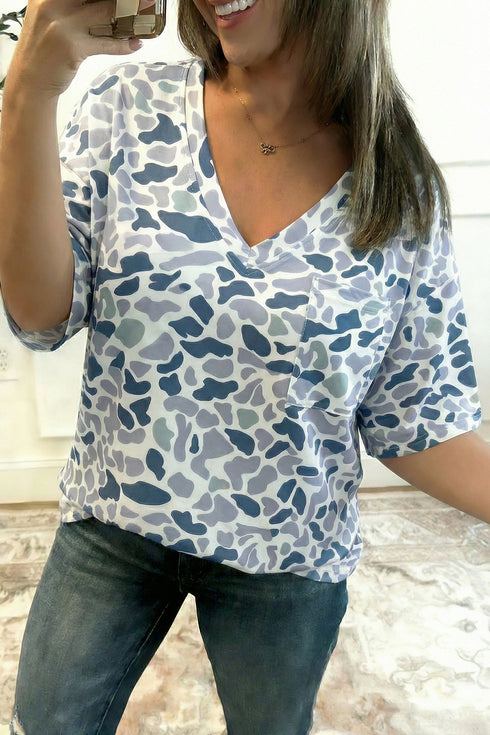 Camouflage Print Western Single Chest Pocket V Neck Tee