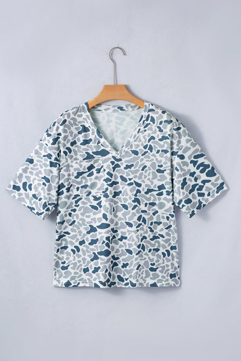 Camouflage Print Western Single Chest Pocket V Neck Tee