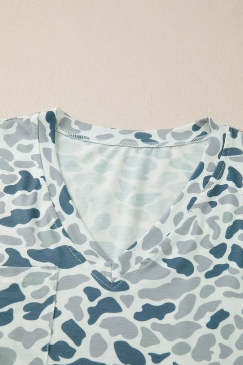 Camouflage Print Western Single Chest Pocket V Neck Tee