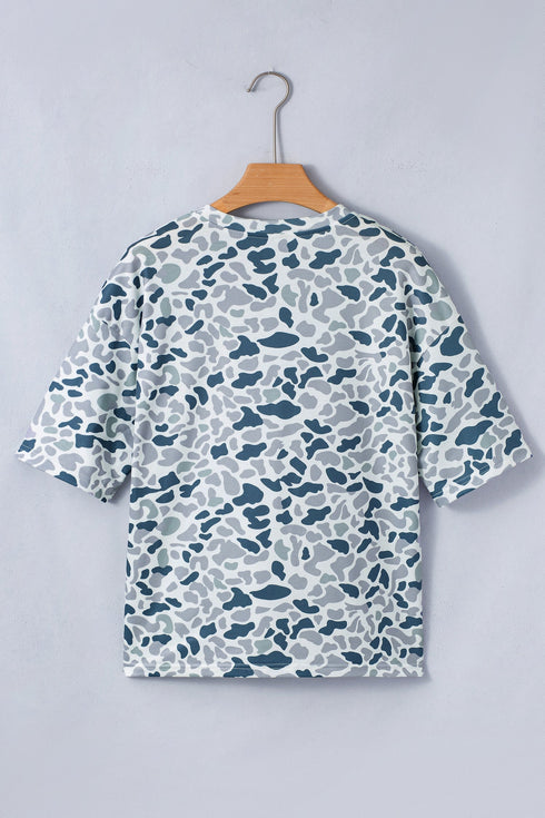 Camouflage Print Western Single Chest Pocket V Neck Tee